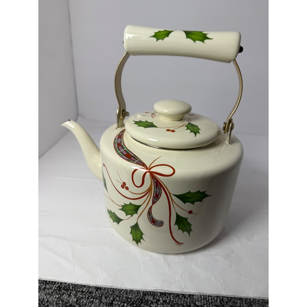 Lenox Holiday Holly Plaid Ribbon Enamel Stovetop Tea Kettle Cream Christmas